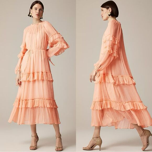 NWT J CREW Tiered ruffle dress in chiffon Glowy Peach - Picture 1 of 8